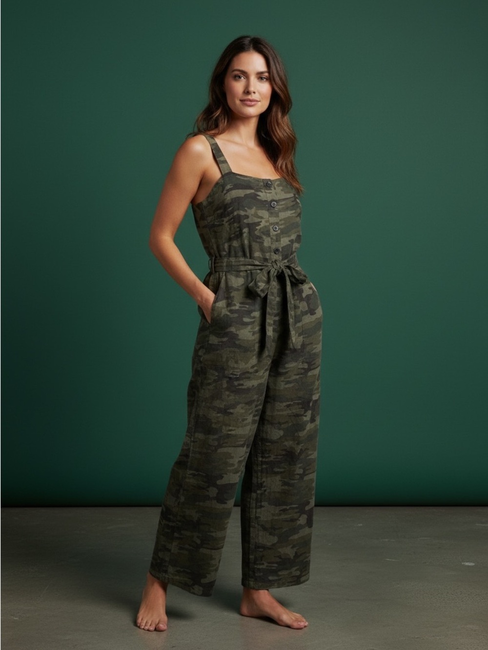 Sanctuary Camo Tie-Waist Cotton Jumpsuit